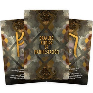 May include: Three tarot cards with a dark, textured background. The center card displays the text "ORÁCULO RÚNICO DE MANIFESTACIÓN" in gold lettering. The other cards feature gold rune symbols and additional text in Spanish.