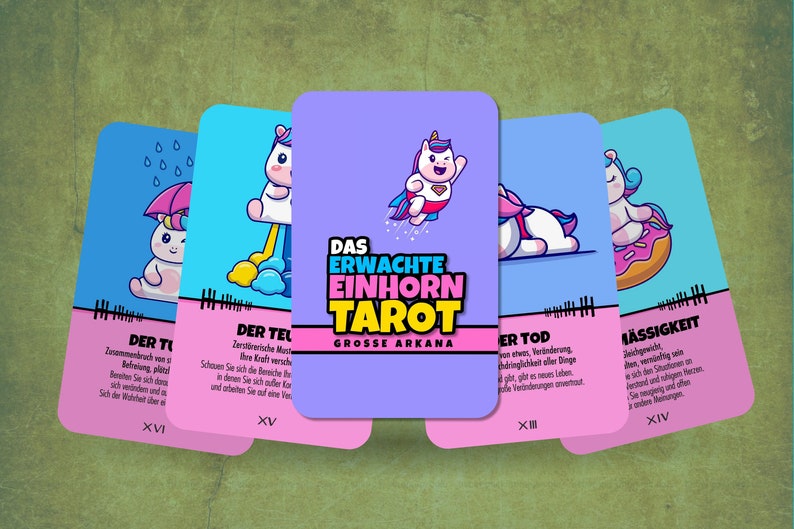 May include: Five colorful tarot cards with unicorn illustrations. The cards are from the "Das Erwachte Einhorn Tarot" deck and feature the following titles: "Der Turm", "Der Teufel", "Der Tod", "M&auml;ssigkeit", and "Das Erwachte Einhorn Tarot Grosse Arkana".