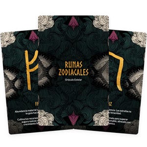 May include: Three tarot cards with a dark green and black background featuring gold symbols and the text "RUNAS ZODIACALES" and "Oráculo Estelar". The cards have a decorative floral design with white and pink accents.