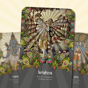 May include: A colorful illustration of Krishna, a Hindu deity, playing a flute in a lush forest setting. The image is surrounded by a decorative border of paisley patterns. The text "krishna" is written below the image, along with the words "Protection, Compassion, Tenderness and Love."