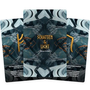 May include: A deck of oracle cards with a teal and black design. The cards feature the text "SCHATTEN & LICHT Runen Orakel" in the center. The cards have gold and white accents and a symmetrical design.