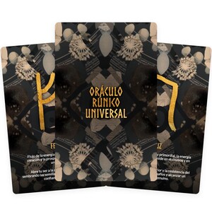 May include: Three tarot cards with a dark background and gold accents. The cards feature the text "ORÁCULO RÜNIKO UNIVERSAL" and other text in Spanish. The cards have a geometric pattern and floral designs.