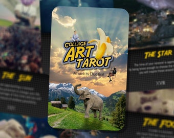Puede incluir: Una carta de tarot con un diseño de arte de collage. La carta presenta un plátano amarillo, una escena de montaña y un elefante. La carta se titula "COLLAGE ART TAROT" y la obra de arte es de Ehud Graf. La carta es para la carta "THE STAR".