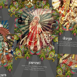 May include: A colorful collage of images depicting Hindu deities, including Chandra, Tara, Parvati, and Durga. Each image is surrounded by a decorative border of paisley patterns and includes a brief description of the deity.