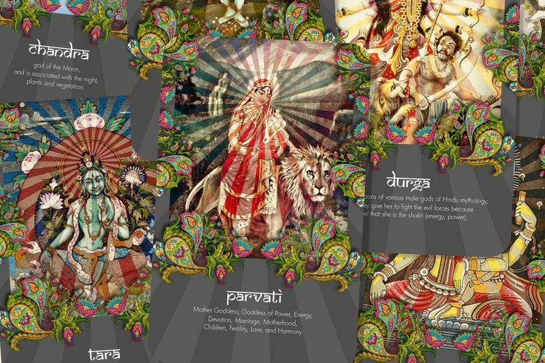 May include: A colorful collage of images depicting Hindu deities, including Chandra, Tara, Parvati, and Durga. Each image is surrounded by a decorative border of paisley patterns and includes a brief description of the deity.