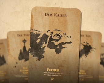 May include: A vintage-style tarot card with a black and white illustration of a creature's head. The card is titled "Der Kaiser" and has the text "Fuchur Struktur, Stabilität Regeln und Macht IV" on the bottom.