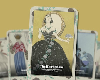 May include: Tarot card illustration of The Hierophant, a woman in a black gown with a white bodice and a crown, holding a bouquet of flowers. The card has a yellow background with a green border and the text "The Hierophant" and "Stay true to your commitments. Don't be rebellious."