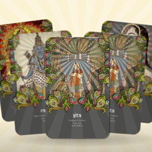May include: Five colorful cards with ornate borders and images of Hindu deities. The cards are arranged in a fan shape with the center card showing the text "Ritas Goddess of Sacrifice, Birth, Love, and Simplicity".