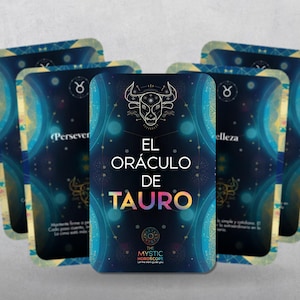 Puede incluir: Una baraja de cartas de tarot con un diseño celestial, con el texto "El Oráculo de Tauro" en letras coloridas. Las cartas tienen una combinación de colores azul y dorado, con un símbolo de Tauro y las palabras "The Mystic Horoscope".