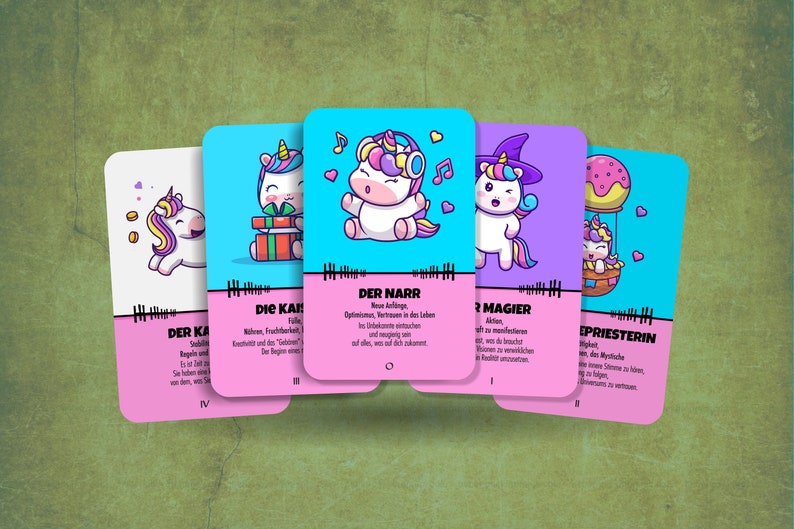 May include: Five colorful cards with illustrations of unicorns in various poses. Each card has a German word and a description in German. The words are "Der Narr", "Die Kaiserin", "Der Magier", "Die Priesterin", and "Der Kaiser".