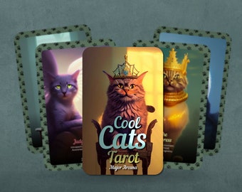 May include: A deck of tarot cards featuring illustrations of regal cats. The central card reads "Cool Cats Tarot, Major Arcana." The cards have a paw print border and depict cats with crowns and other royal accessories.