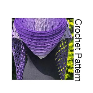 May include: A purple and grey crochet shawl with a lacy pattern. The shawl is draped over a mannequin. Crochet Pattern.