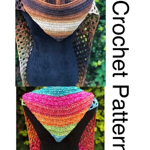 May include: Two crochet hooded scarves, one in brown and beige stripes and the other in rainbow stripes. The scarves are displayed on a mannequin against a green leafy background. The text "Crochet Pattern" is written vertically on the right side of the image.