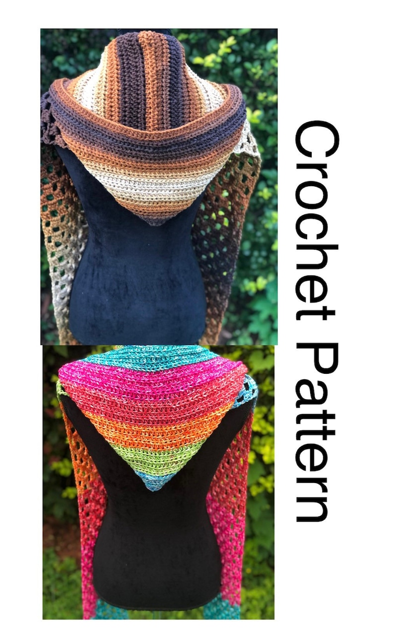 May include: Two crochet hooded scarves, one in brown and beige stripes and the other in rainbow stripes. The scarves are displayed on a mannequin against a green leafy background. The text "Crochet Pattern" is written vertically on the right side of the image.