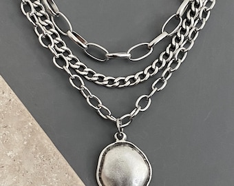3 pcs,set / NON-TARNISH CHAIN steel, semi chunky thick / antique silver plated metal pendant Organic Disc / modern boho layered necklaces