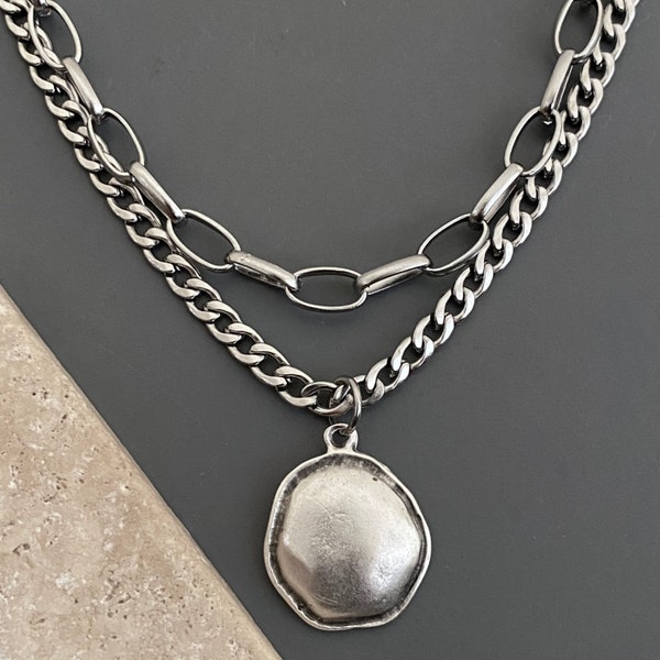 2 necklaces, layered set / CHUNKY thick steel chain, antiqued silver plated metal pendant / organic boho disc / bold, statement, simple