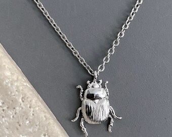 necklace / STERLING SILVER or steel chain; silver rhodium plated charm pendant / small scarab beetle insect / simple, everyday, DAINTY, gift