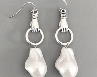 Statement Pearl Dangle Earrings / steel hooks / oxidized antique silver plated hand, resin baroque pearls / bold chunky drop earrings