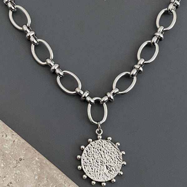 necklace / CHUNKY thick stainless steel chain; silver rhodium plated metal pendant / textured dotted medallion disc / sophisticated bold