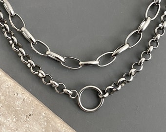 WOMEN'S / 2 necklaces, layered set / CHUNKY thick silver stainless steel chain (paperclip, rolo) and circle / bold, statement, metal