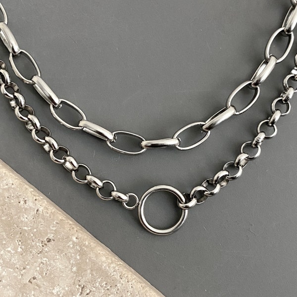 2 chain necklaces, layered set /CHUNKY thick silver stainless steel chain (paperclip, rolo) and circle / bold, statement, metal