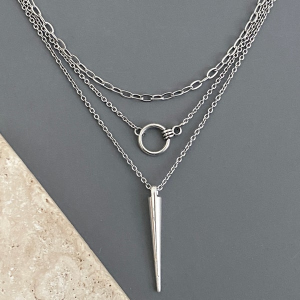 WOMEN'S / 3 necklaces, layered set / stainless steel chain, antiqued silver plated metal pendant / spike circle / edgy grunge semi-dainty