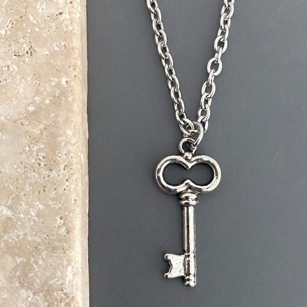 MEN'S necklace / stainless steel chain; oxidized antiqued silver plated metal pendant / small key / simple, everyday, casual