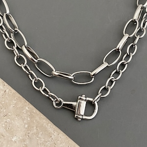 2 separate necklaces /NON-TARNISH CHAIN silver steel, semi chunky thick / antiqued silver plated pendant / horsebit equestrian horse