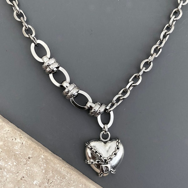 necklace / CHUNKY thick stainless steel chain; antiqued silver plated metal pendant / chained heart with lock / edgy, bold