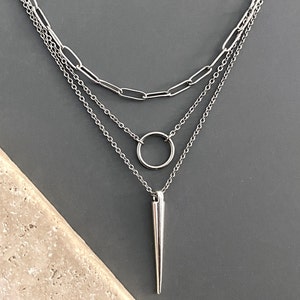 WOMEN'S / 3 necklaces, layered set / steel chain, antiqued silver plated metal pendant / spike, circle / edgy, punk, grunge, semi-dainty