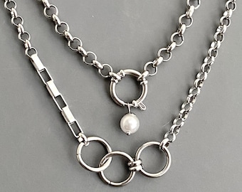 2 pcs/set, layered necklaces /NON-TARNISH CHAIN stainless steel, semi chunky thick / silver plated pendants faux pearl  / edgy street punk