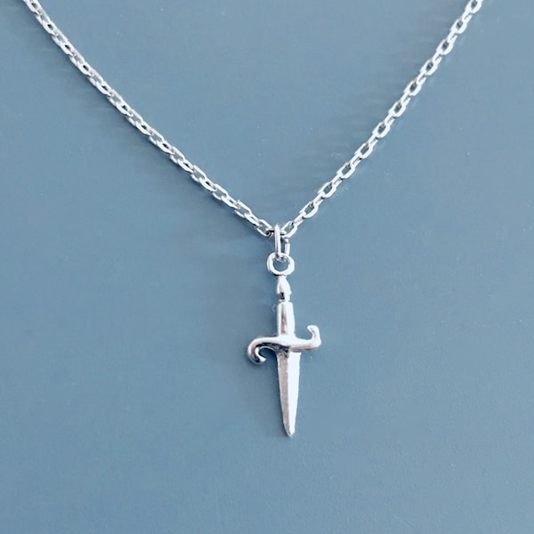 dainty necklace / STERLING SILVER or stainless steel chain; silver rhodium plated charm pendant / TINY dagger, sword / simple, cute edgy