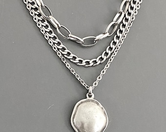 3 pcs/set, layered necklaces / NON-TARNISH CHAIN steel, semi chunky thick / antique silver plated vintage style charm Organic Modern Boho
