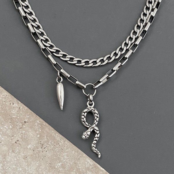 2 necklaces, layered set / CHUNKY thick silver stainless steel chain, antiqued silver plated metal pendant / spike SNAKE / edgy, cool