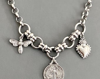 necklace / NON-TARNISH CHAIN steel, semi chunky thick / antiqued silver plated French vintage style charms bee saint sacred heart