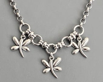 statement necklace / NON-TARNISH CHAIN stainless steel, chunky thick / antique silver plated charms Dragonfly insect / Spring Summer whimsy