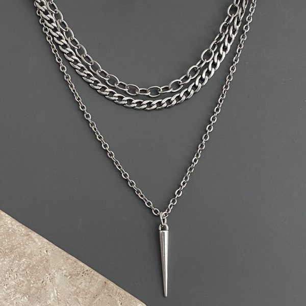 2 necklaces, layered set / semi CHUNKY thick stainless steel chain, antiqued silver plated metal pendant / SPIKE / edgy punk goth