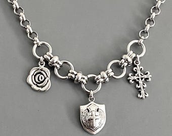 statement necklace / NON-TARNISH CHAIN steel, chunky thick / antique silver plated vintage inspired charms: flower shield cross french goth