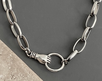 necklace / NON-TARNISH CHAIN stainless steel, semi chunky thick / antique silver plated pendant Hand / edgy