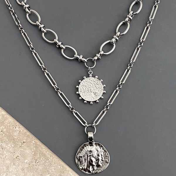 2 necklaces, layered set / CHUNKY thick steel chain; silver rhodium plated pendants / large face coin + textured dot medallion / statement