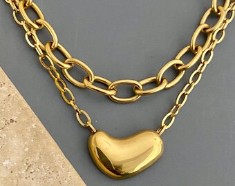 2 pcs/set, layered necklaces/ 18K dark gold plated stainless steel chain, semi chunky thick / pendant abstract organic shape / modern boho