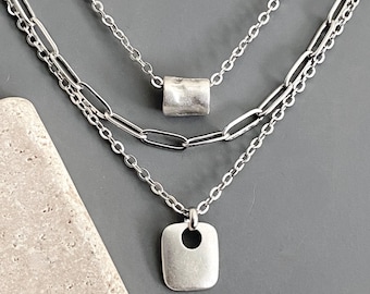 dainty 3 pcs, set /NON-TARNISH CHAIN stainless steel /antique silver plated organic tube rectangle pendants / casual boho layered necklaces