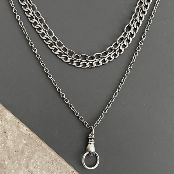 2 necklaces, layered set / semi CHUNKY thick stainless steel chain, antiqued silver plated metal pendant / Victorian hand / edgy