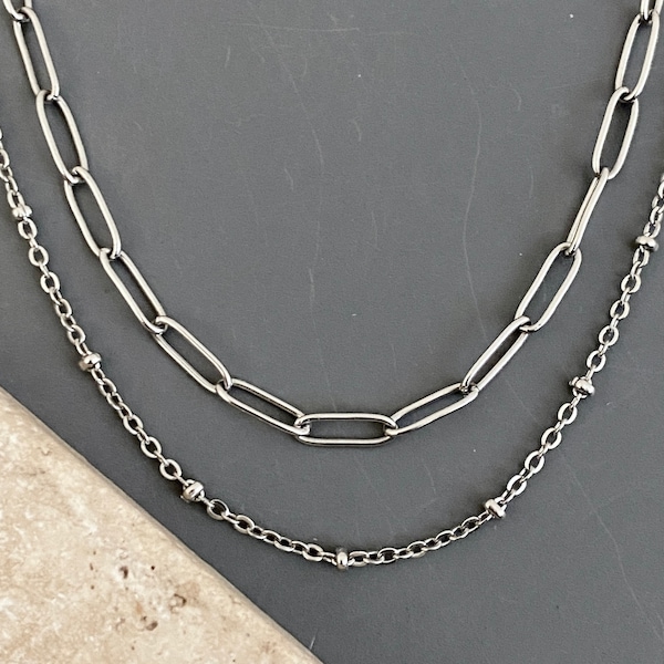 2 necklaces, layered set / NON-TARNISH CHAIN silver stainless steel (paperclip + satellite) / simple, everyday, casual, semi dainty, gift