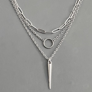 3 pcs, set / NON-TARNISH CHAIN stainless steel, semi dainty / antique silver plated Spike pendant charm / edgy goth punk layered necklaces