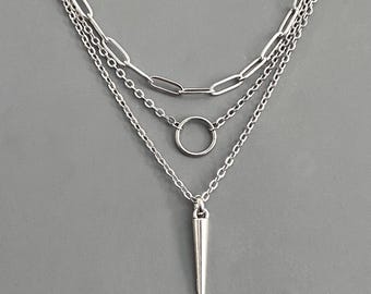 3 pcs/set, NON-TARNISH CHAIN stainless steel, semi dainty / antique silver plated pendants Spike Circle / edgy goth punk layered necklaces