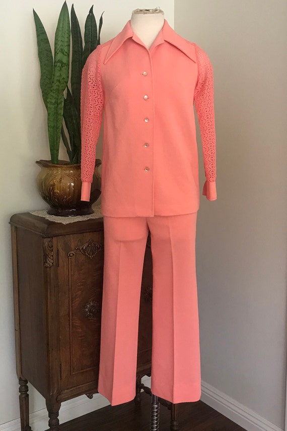 Vintage 1970’s Coral 2 piece Pantsuit with  lace … - image 1