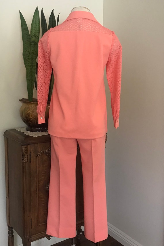 Vintage 1970’s Coral 2 piece Pantsuit with  lace … - image 3