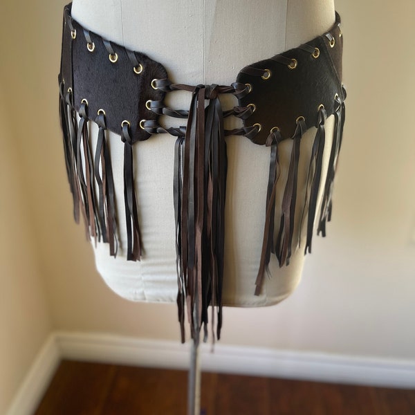 St John Knit Brown Leather Belt with fringe ,western belt, long fringe size medium ladies belt