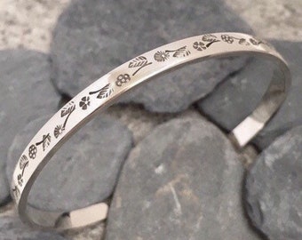 sterling silver bangle with floral pattern,  Open silver bangle,  Bangle bracelet, Flower bracelet, Floral bangle, Floral bracelet